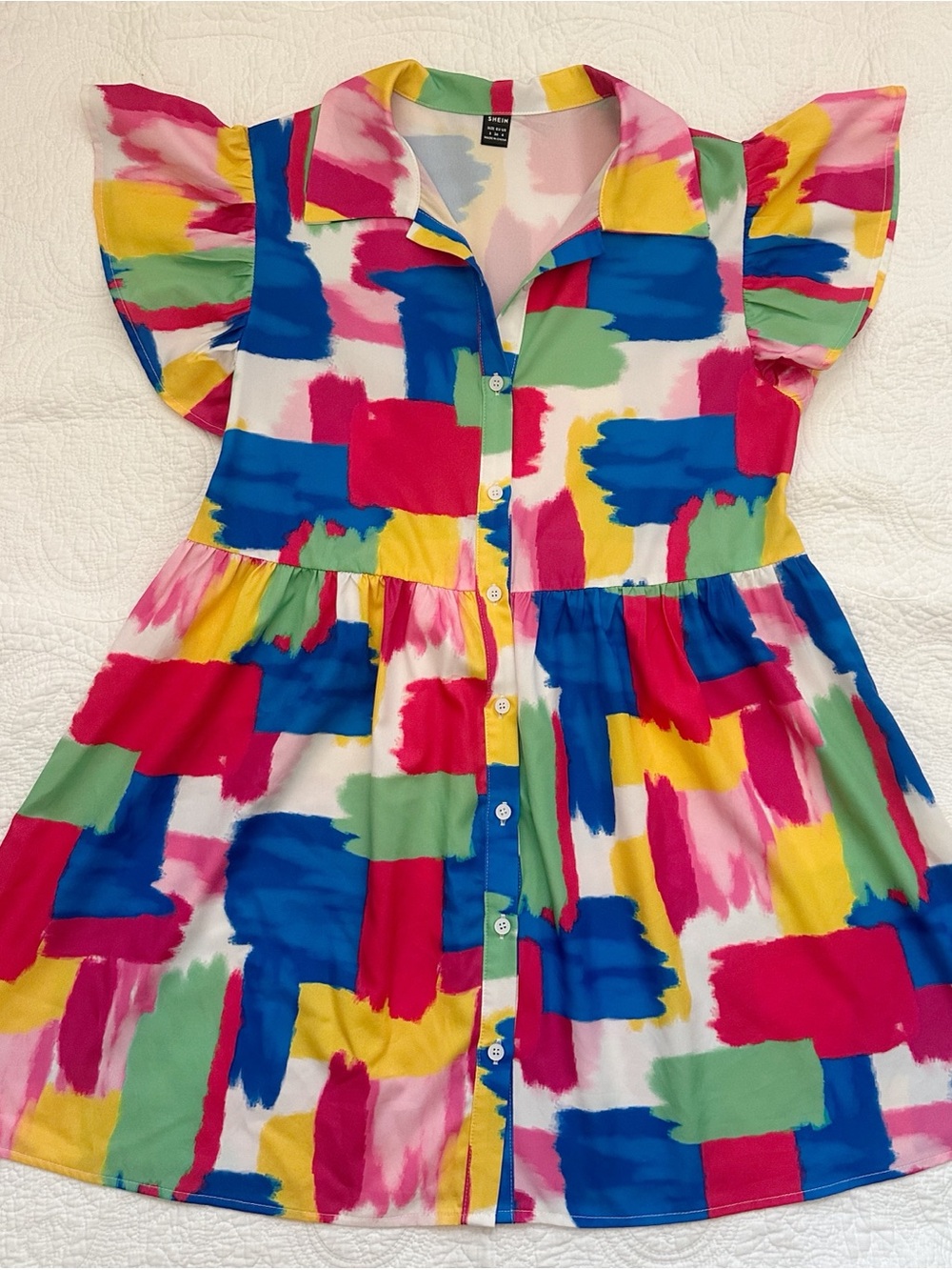 Shein Multicolor Brushstroke Button-Front Babydoll Dress